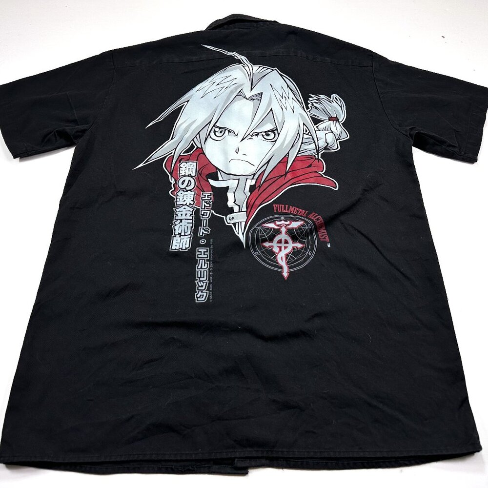 Full Metal Alchemist L Short Sleeve Black Button Up Shirt Vintage Japanese Manga